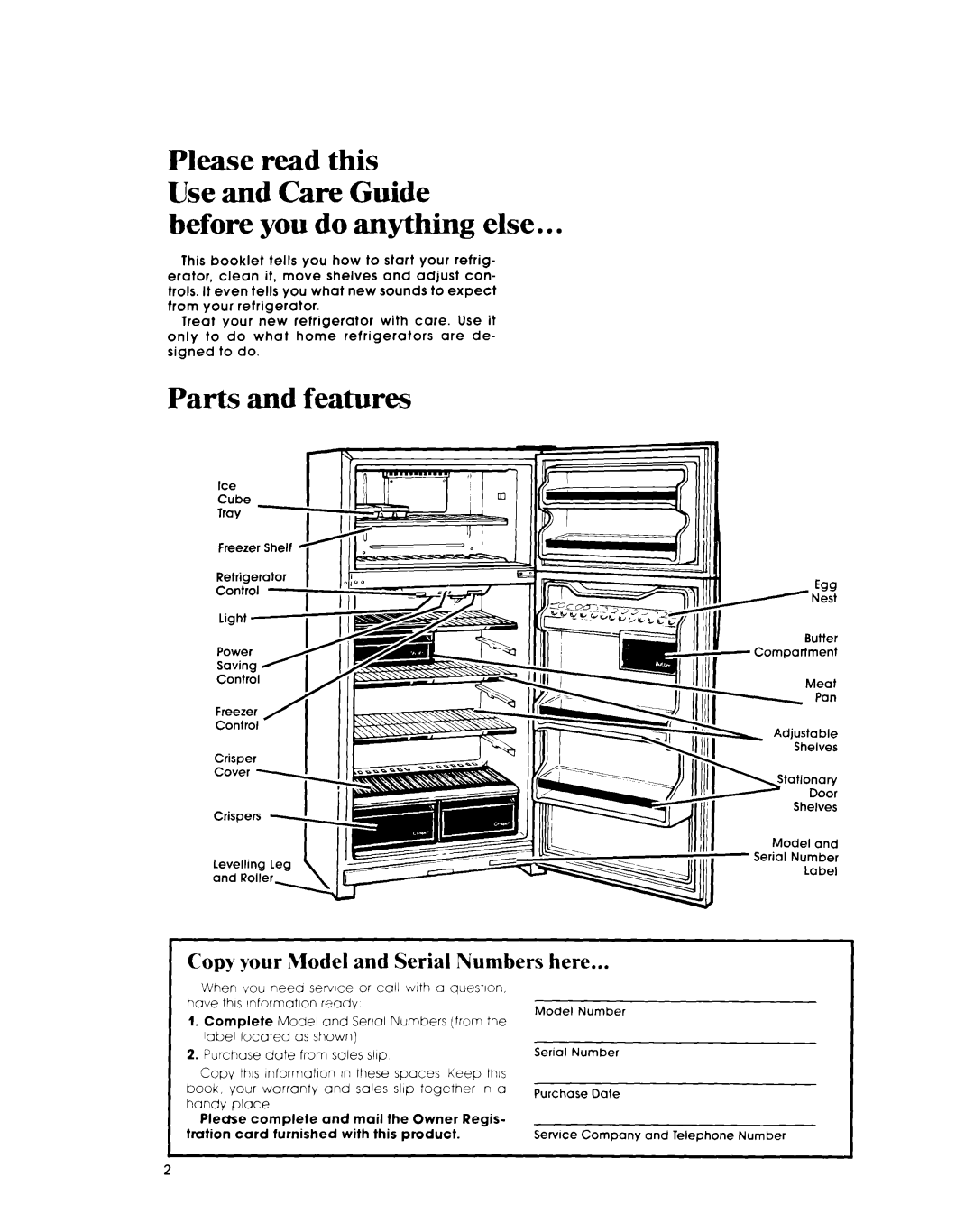 Whirlpool ET1NK manual Before you do anything else, Parts and features, Copy your Model and Serial Numbers, Here 