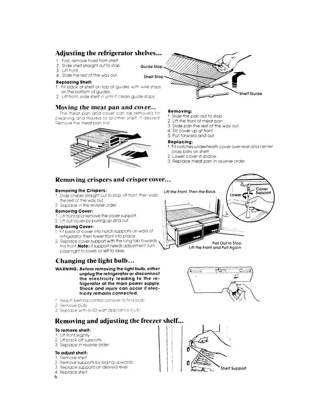 Whirlpool ET1NK Adjusting the refrigerator shelves, Moving the meat pan and cover, Removing crispers and crisper cover 