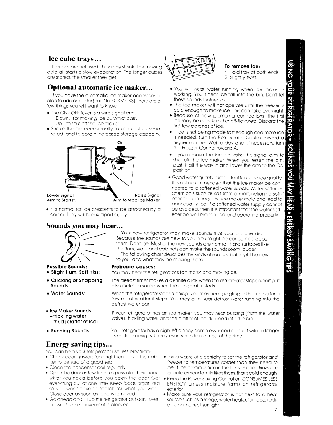 Whirlpool ET1NK manual Energy saving tips, Ice cube trays, Optional automatic ice maker, Sounds you may hear 