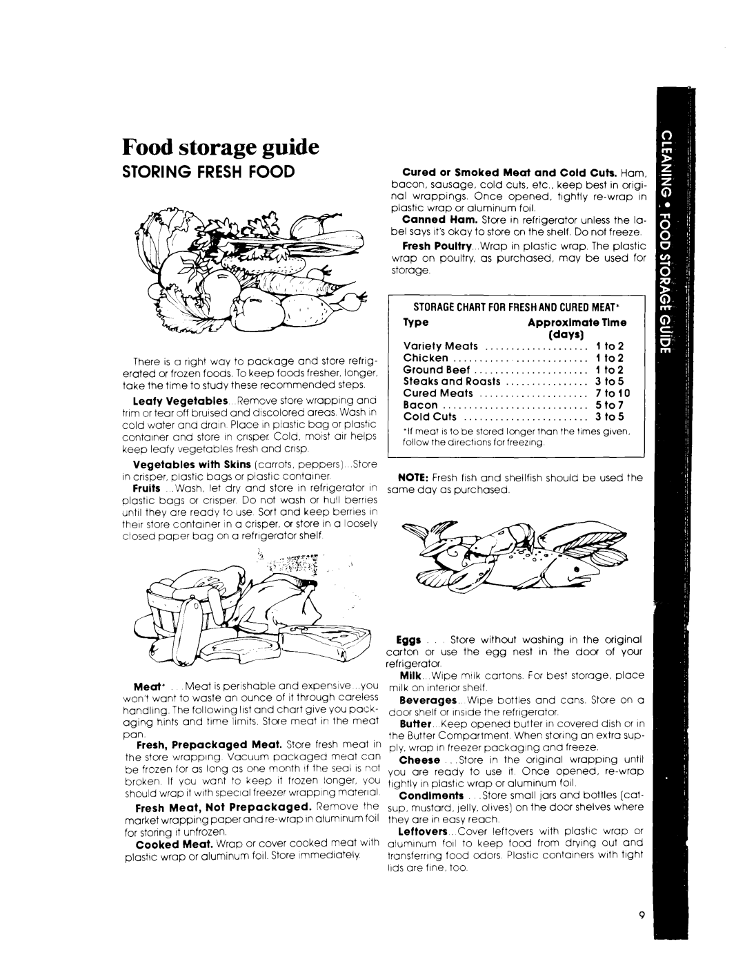 Whirlpool ET1NK manual Food storage guide, Storagechartforfreshand Curedmeat 