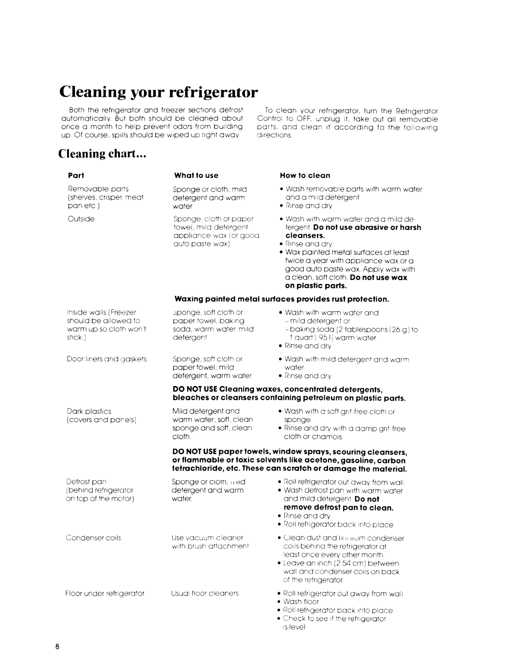 Whirlpool ET1NK manual Cleaning your refrigerator, Cleaning chart 