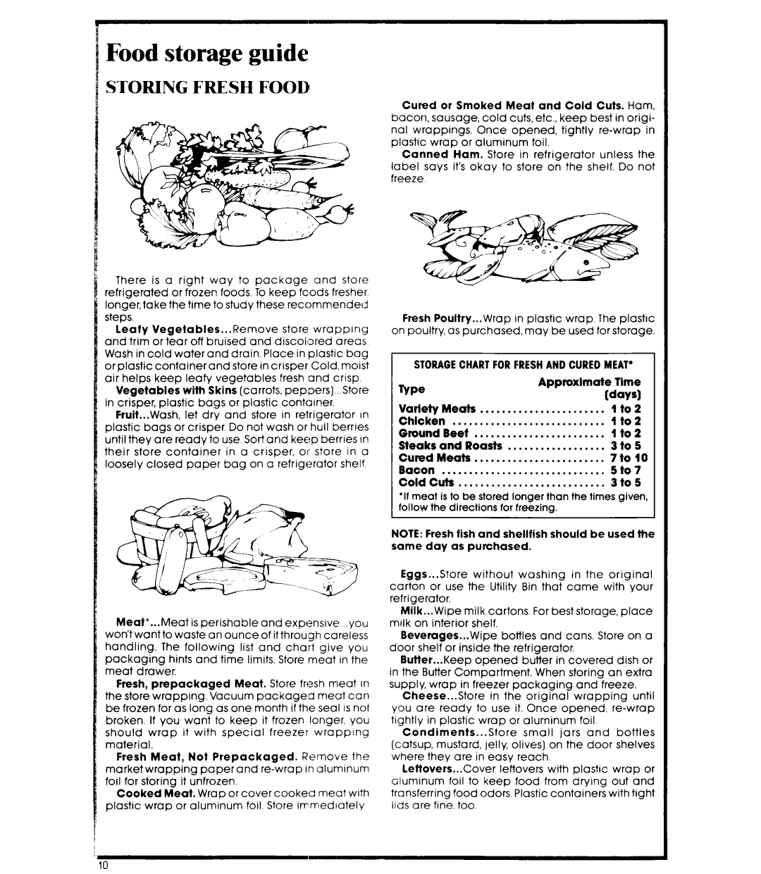 Whirlpool ET20AK manual Food storage guide, Storagechart for Freshand Cured Meat 