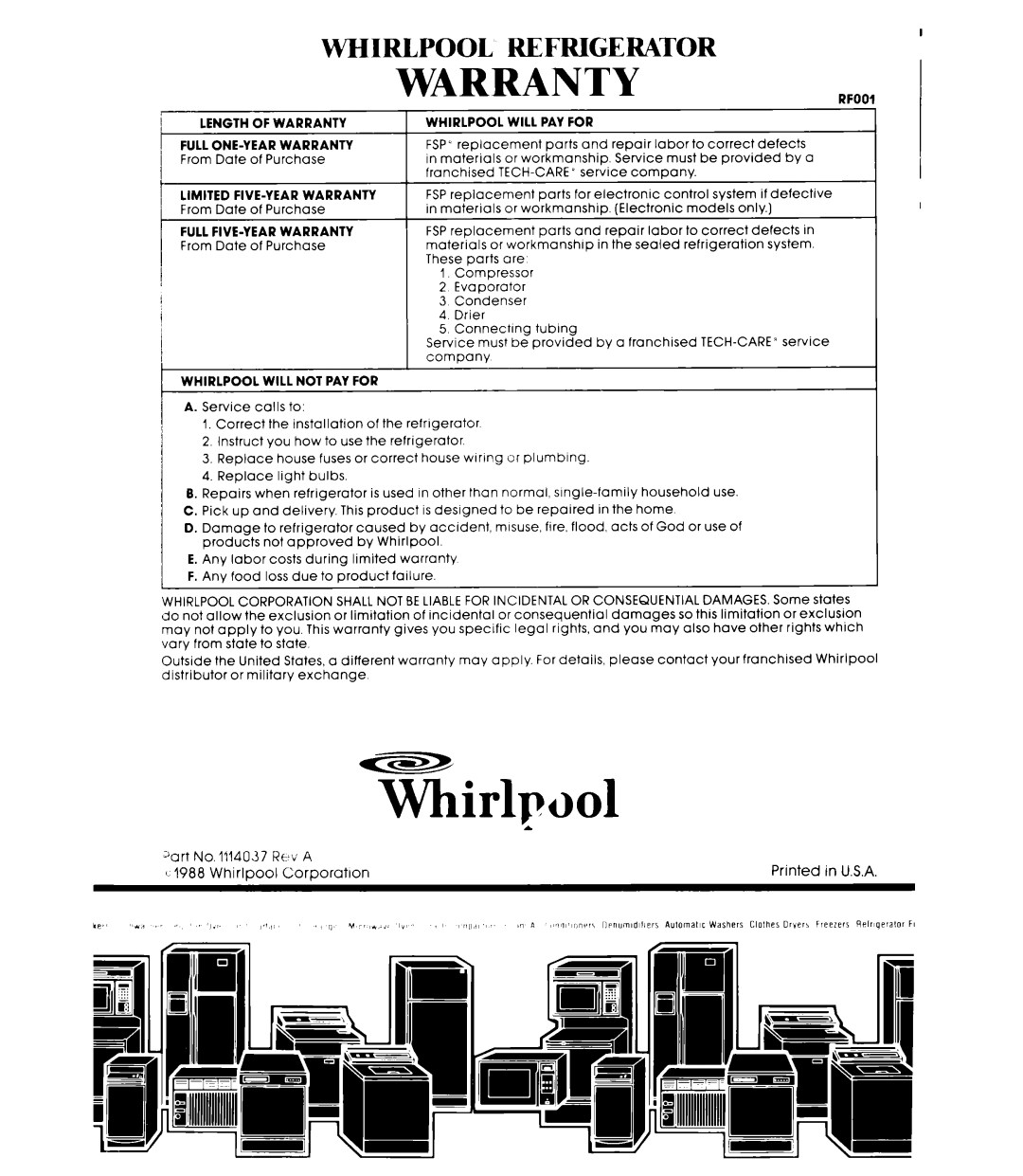 Whirlpool ET20AK manual Warranty 