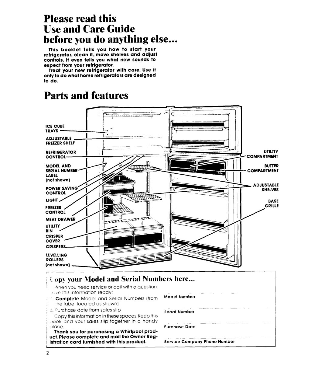 Whirlpool ET20AK manual Before you do anything else, Parts and features, Opt your Model and Serial Numbers here 