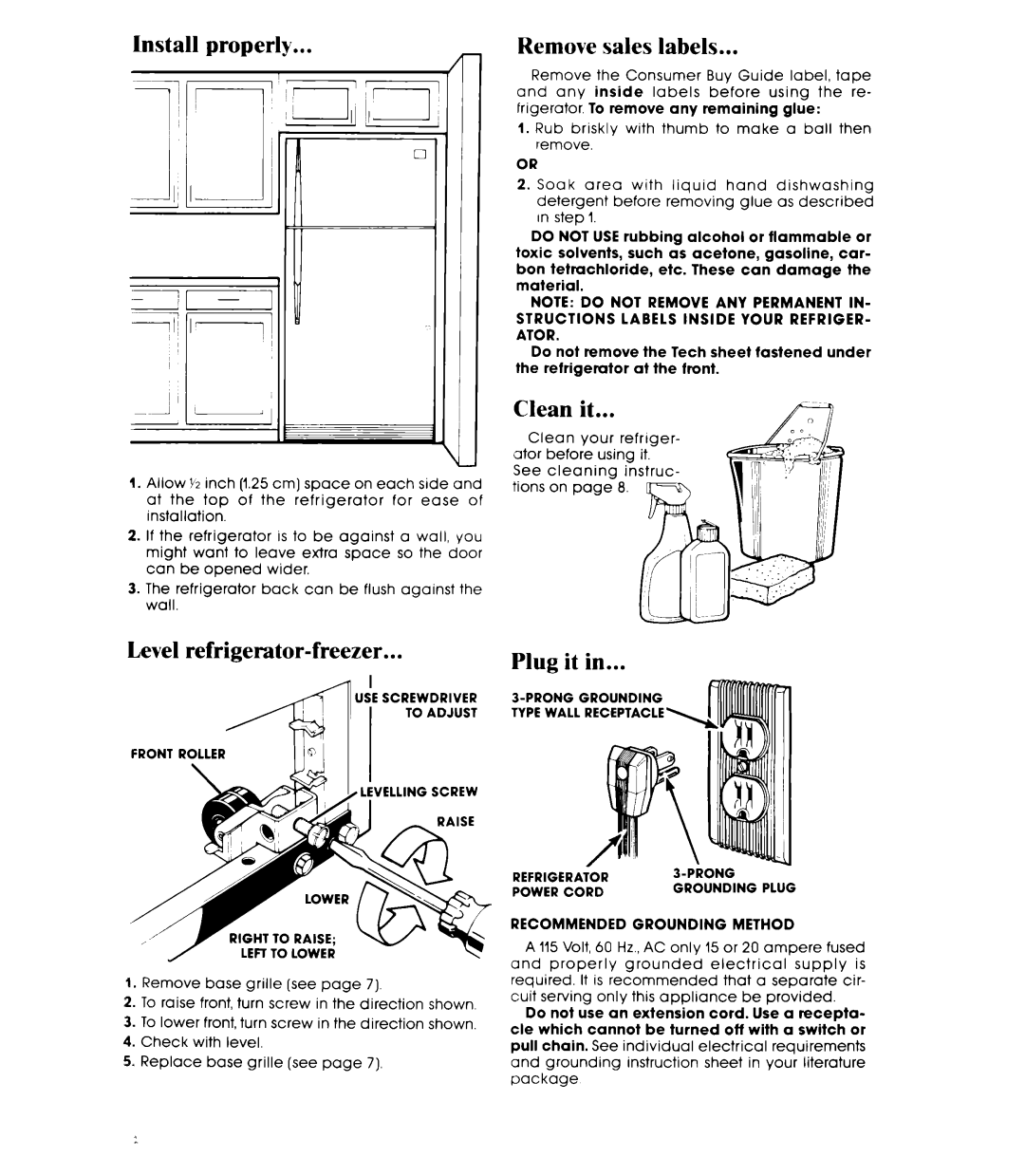 Whirlpool ET20AK manual Tnstall properly Remove sales labels, Level refrigerator-freezer, Plug it 