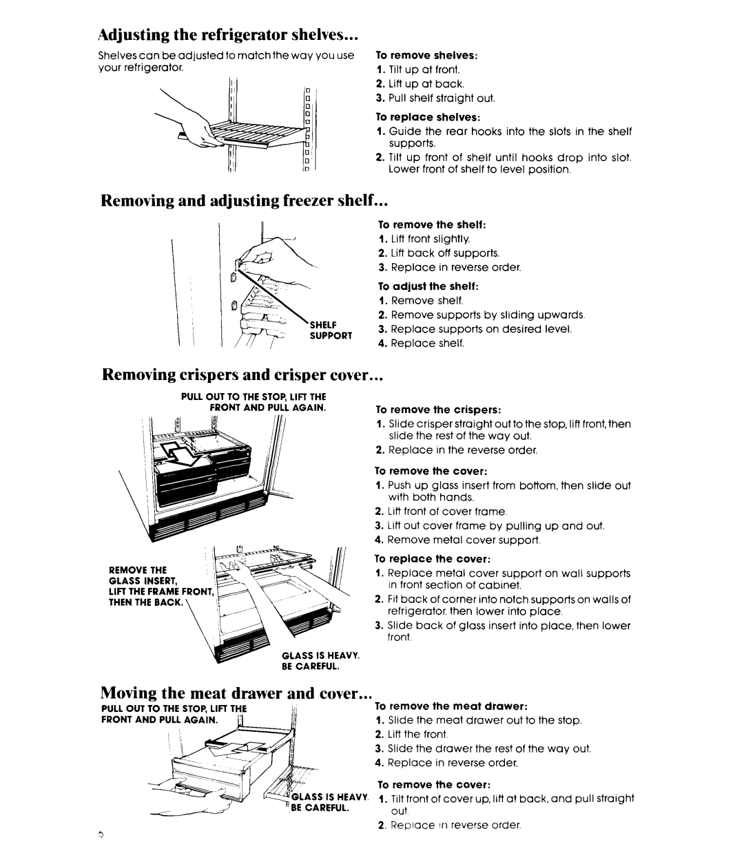 Whirlpool ET20AK manual Adjusting the refrigerator shelves, Removing and adjusting freezer shelf 