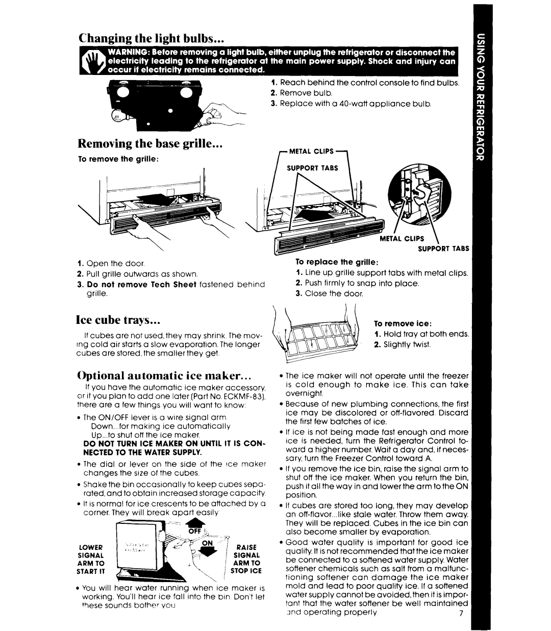 Whirlpool ET20AK manual Changing the light bulbs Removing the base grille, Ice cube trays 