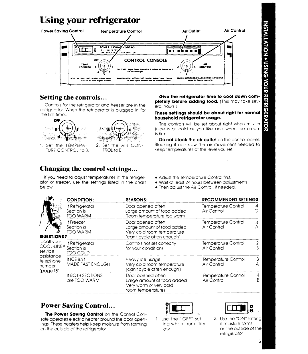 Whirlpool ET20EK manual Using, Setting the controls, Changing the control settings, Power Saving Control 