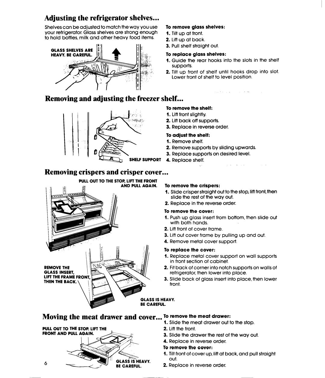 Whirlpool ET20GM Adjusting the refrigerator shelves, Removing and adjusting the freezer shelf, Crispers and crisper cover 