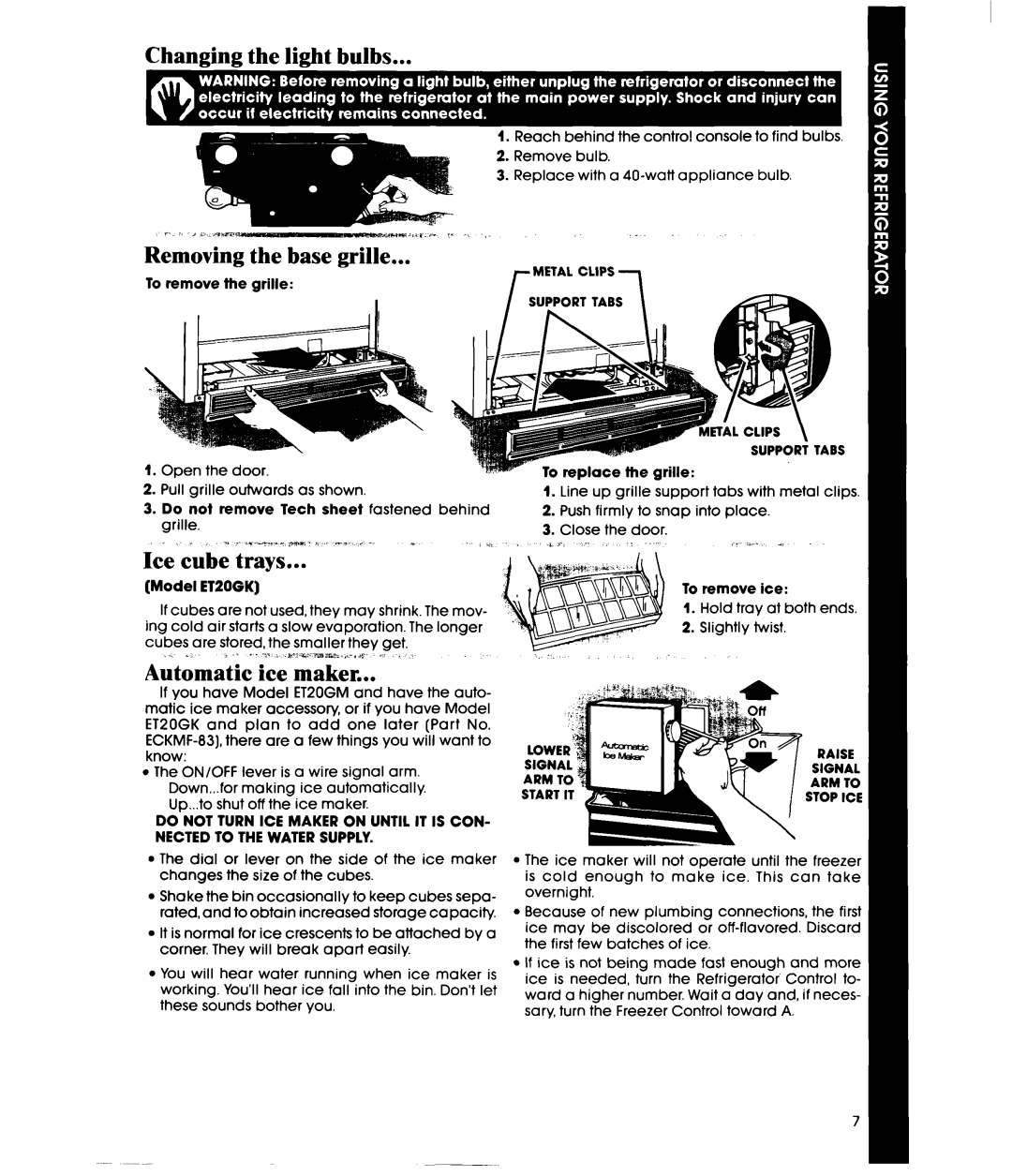 Whirlpool ET20GM manual Changing the light bulbs, Removing the base grille, Ice cube trays, Automatic ice maker 