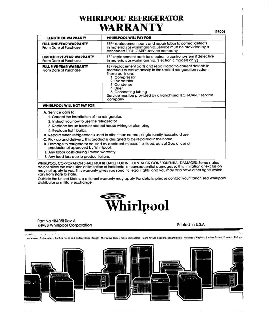 Whirlpool ET20GM manual Warranty, Whirlpooe, Refrigerator 