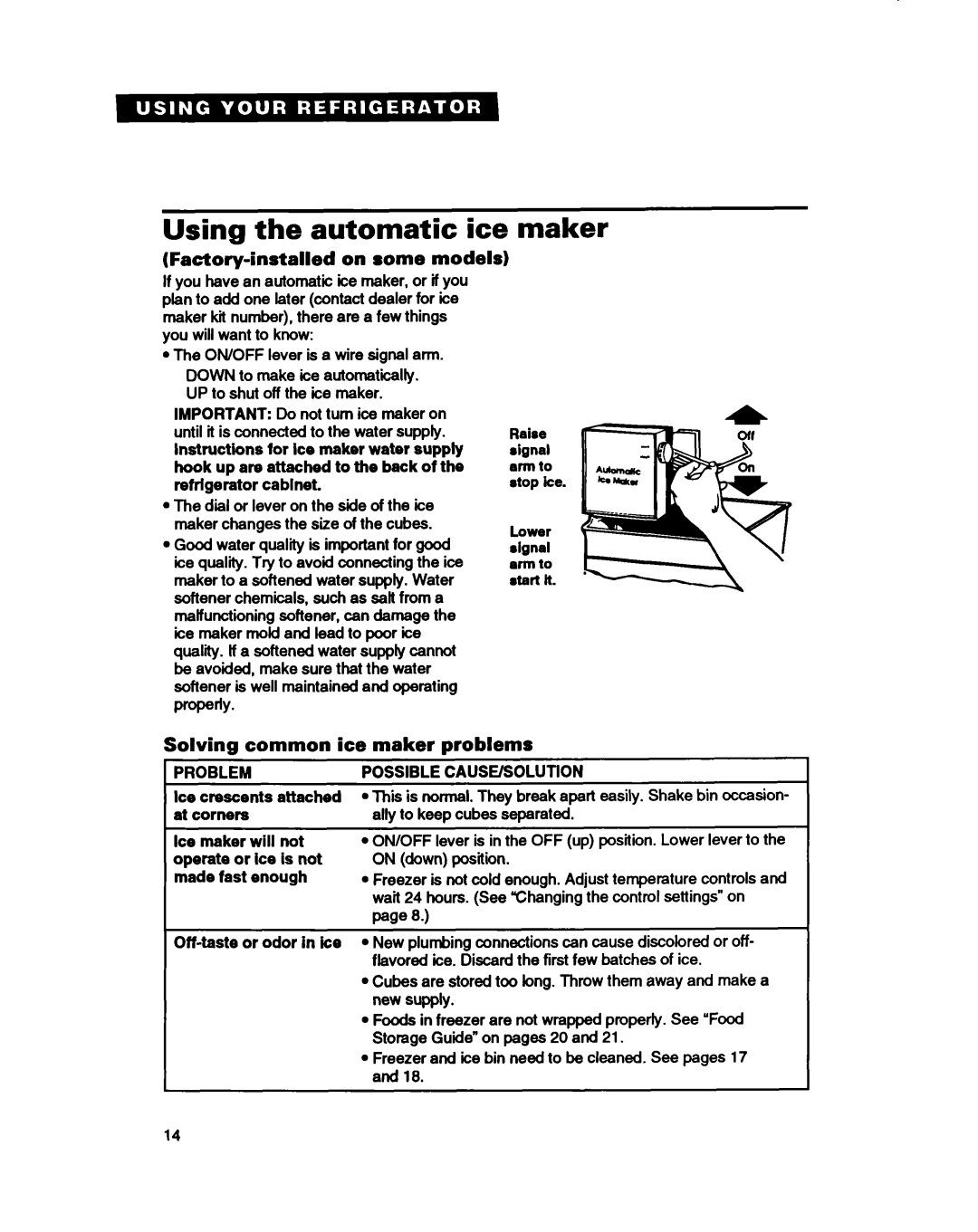 Whirlpool ET18HD Using the automatic ice, Maker, Factory-installed on some models, Solving common ice maker problems 