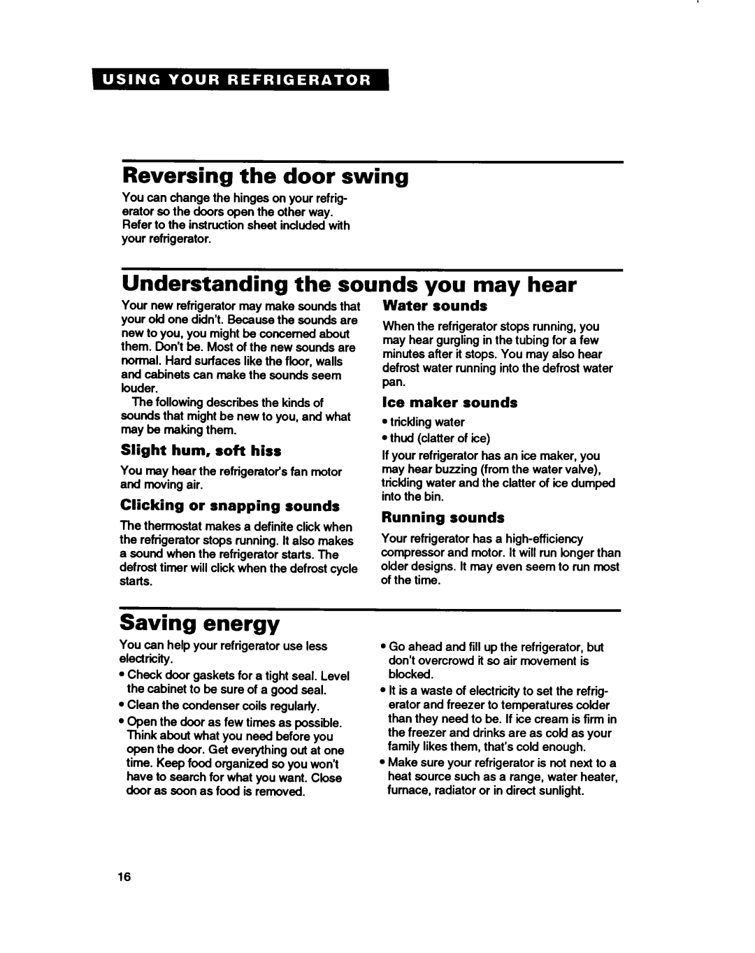 Whirlpool ET20HD, ET20DM, ET18HD, ET18DK Reversing the door swing, Understanding the sounds you may hear, Saving energy 