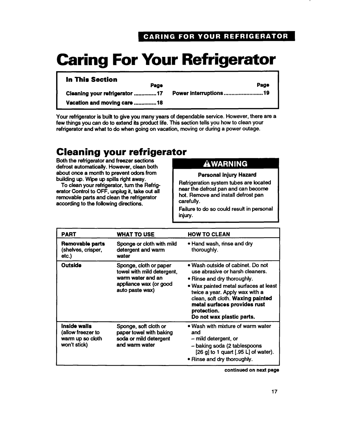 Whirlpool ET20DM, ET20HD, ET18HD Caring For Your Refrigerator, Cleaning your refrigerator, Part What to USE, HOW to Clean 