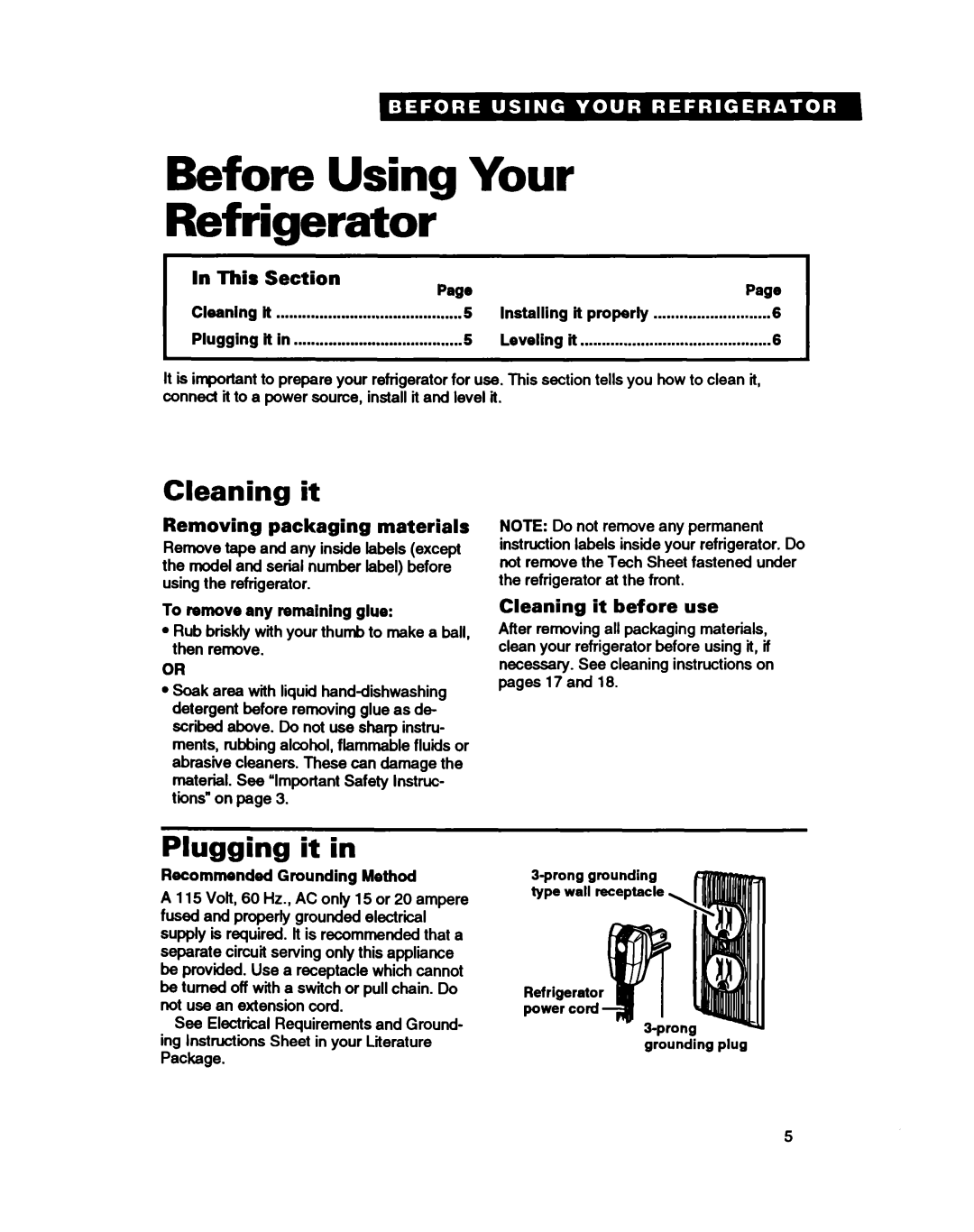 Whirlpool ET20DM, ET20HD, ET18HD, ET18DK warranty Before Using Your Refrigerator, Cleaning it, Plugging it 