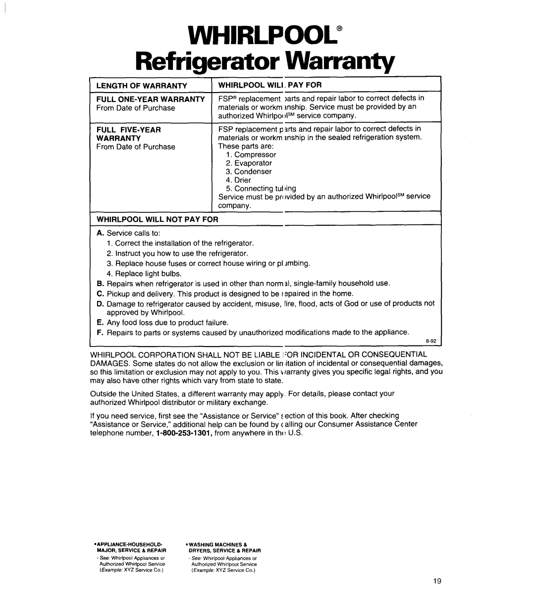 Whirlpool ET18UK, ET20LK, ET18LK warranty Refrigerator Warranty 