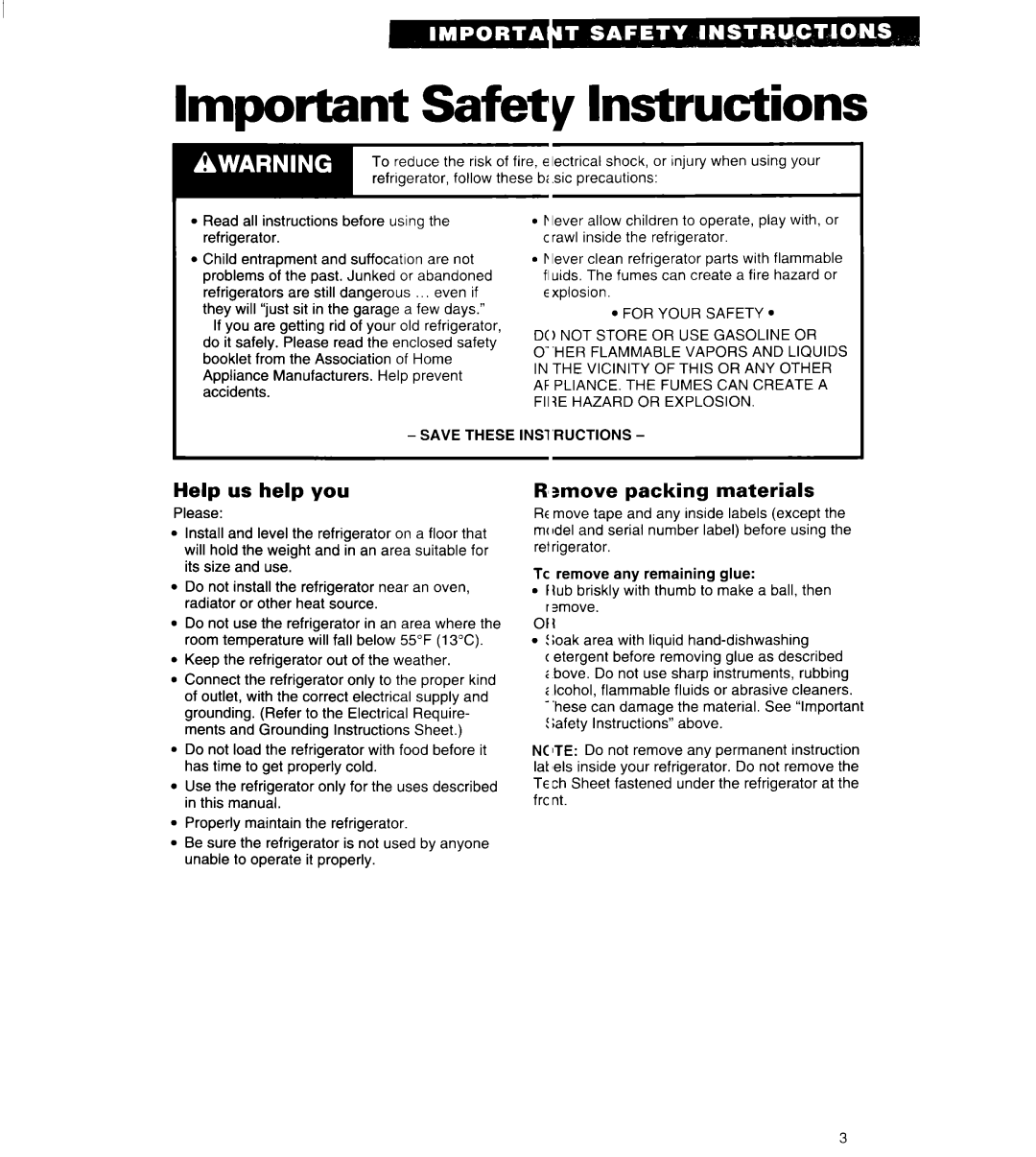 Whirlpool ET20LK, ET18LK, ET18UK Important Safety Instructions, Help us help you ’zmove Packing, Save These INSl’RUCTIONS 