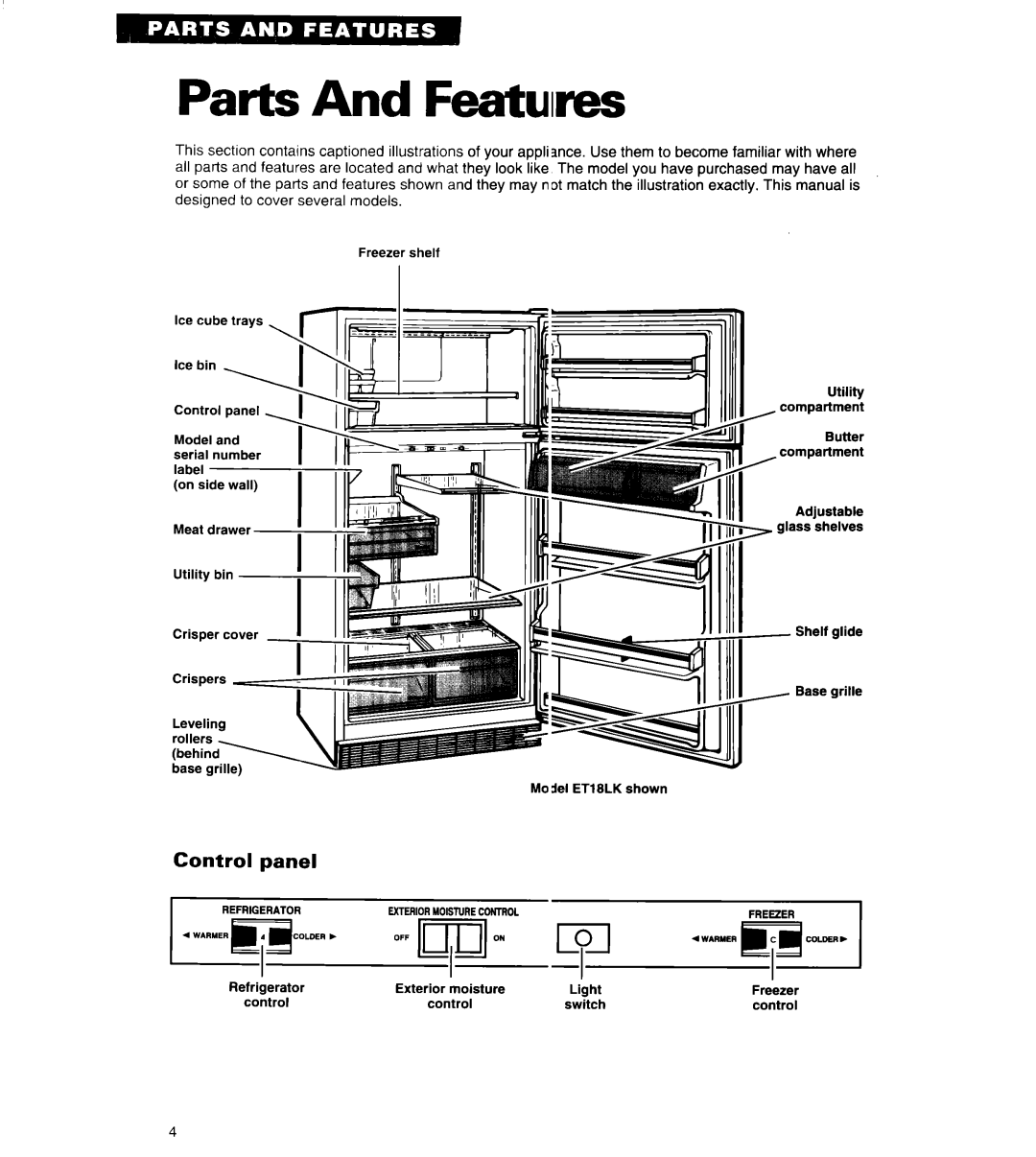 Whirlpool ET18LK, ET20LK, ET18UK warranty Parts And Featumes, Control Panel 