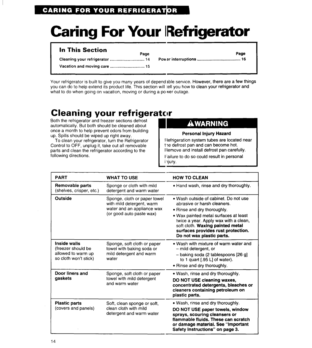 Whirlpool ET18UK, ET20LK, ET18LK warranty Caring For Your IRefrigerator, Clei aning your refrigeratcw, In This, Section 