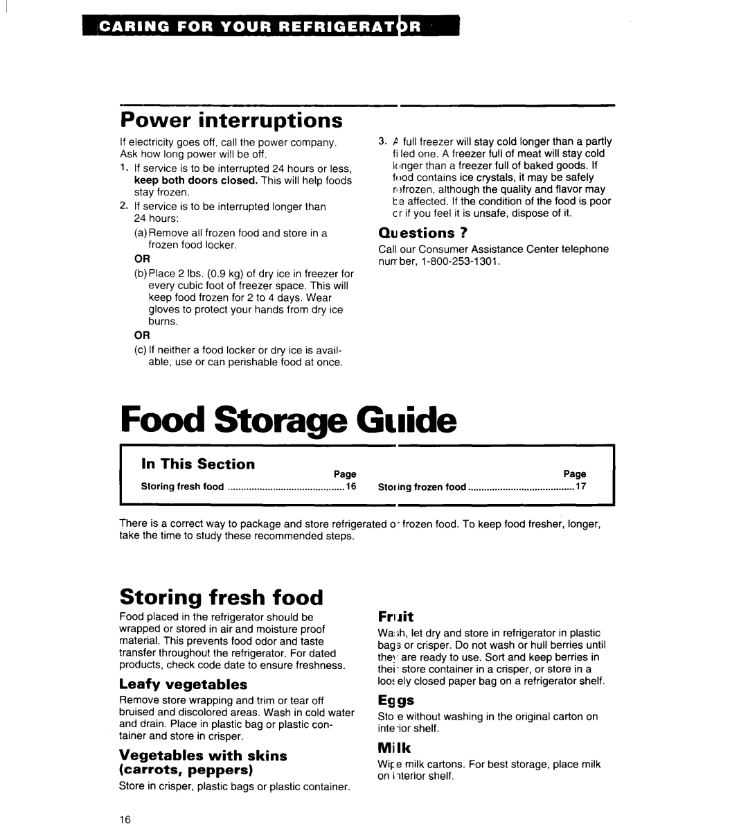 Whirlpool ET18LK Food Storage Guide, Power interruptions, Storing fresh food, In This, Section, Leafy vegetables, Frlrit 