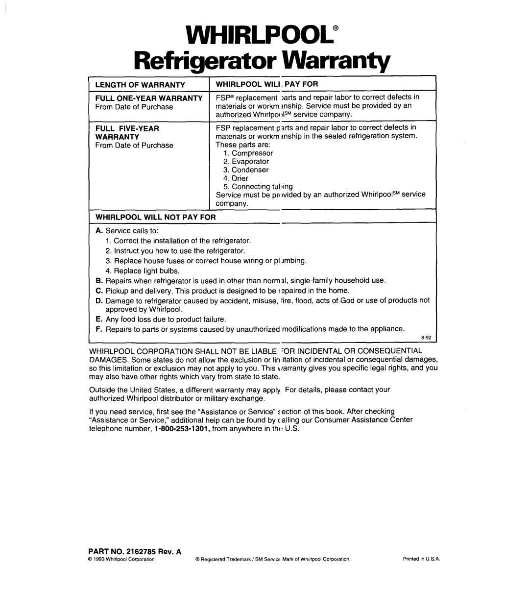 Whirlpool ET18UK, ET20LK, ET18LK warranty WHIRLPOOL” Refrigerator Warranty 