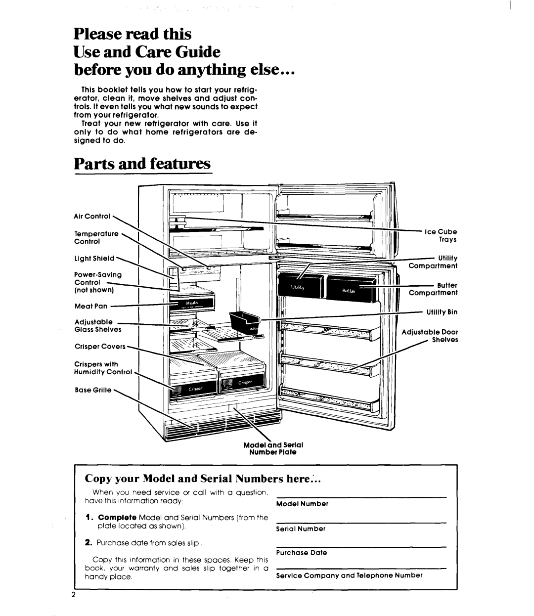 Whirlpool ET20MK manual Before you do anything else, Parts and features, Copy your Model and Serial Numbers here 