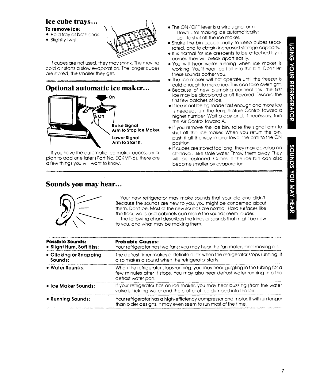 Whirlpool ET20MK manual Ice cube trays, Optional automatic ice maker, Sounds you may hear 