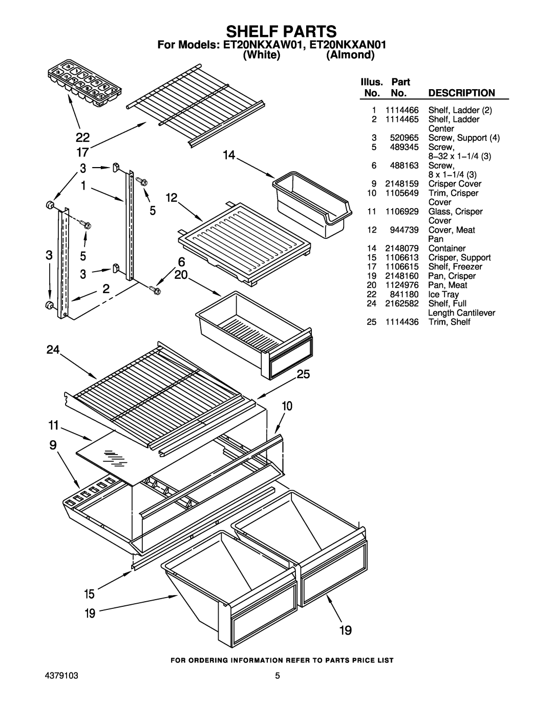 Whirlpool manual Shelf Parts, For Models ET20NKXAW01, ET20NKXAN01 White Almond, Illus, Description 