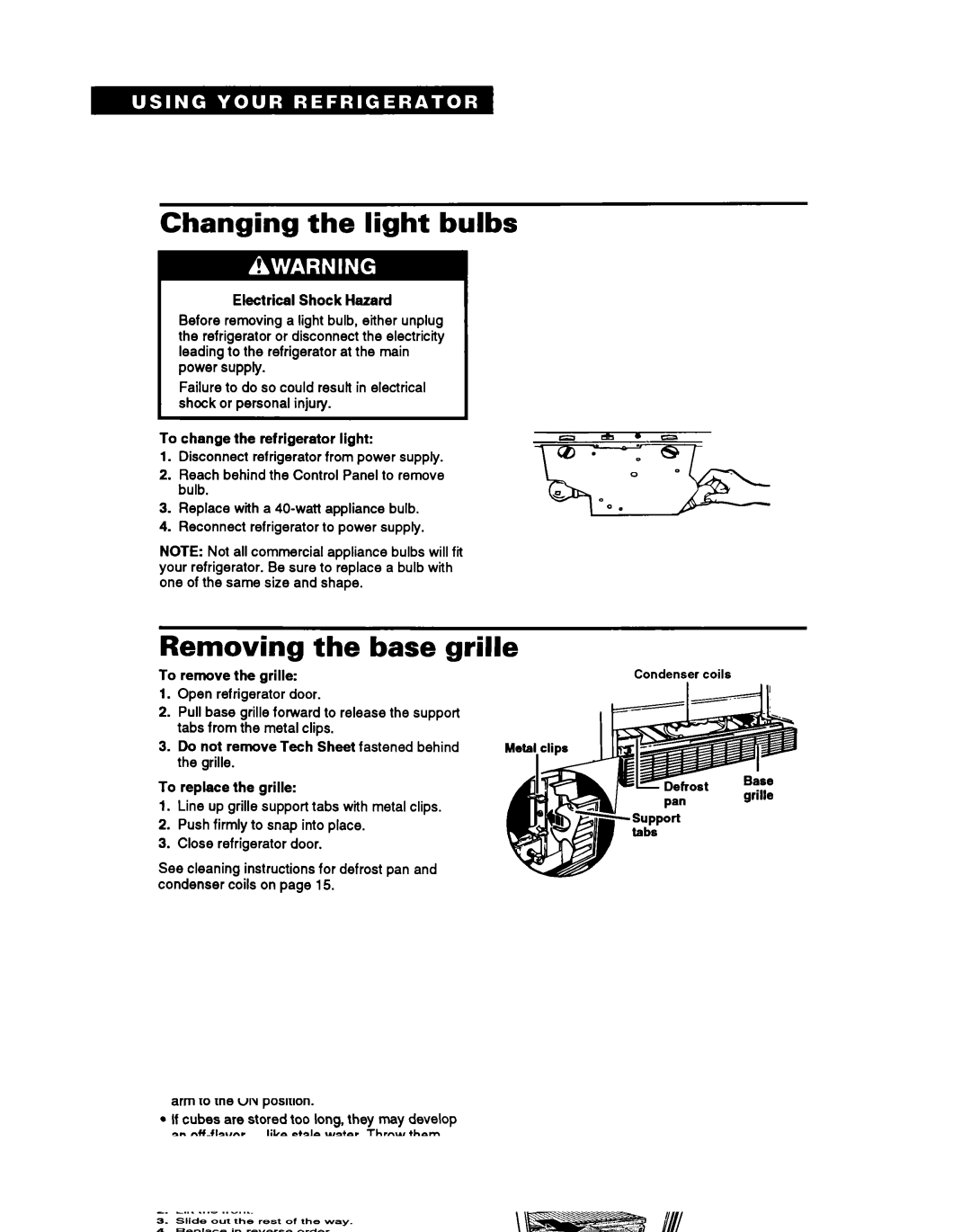 Whirlpool ET20NM, ET18NK, ET18NM, ET20NK important safety instructions Changing the light bulbs, Removing the base gril le 