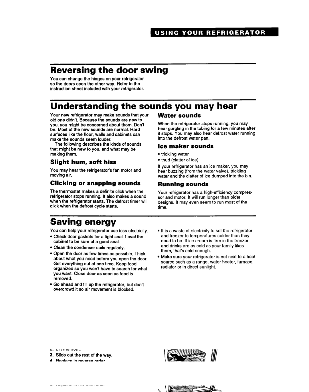 Whirlpool ET18NK, ET20NM, ET18NM, ET20NK Reversing the door swing, Understanding the sounds you may hear, Saving energy 