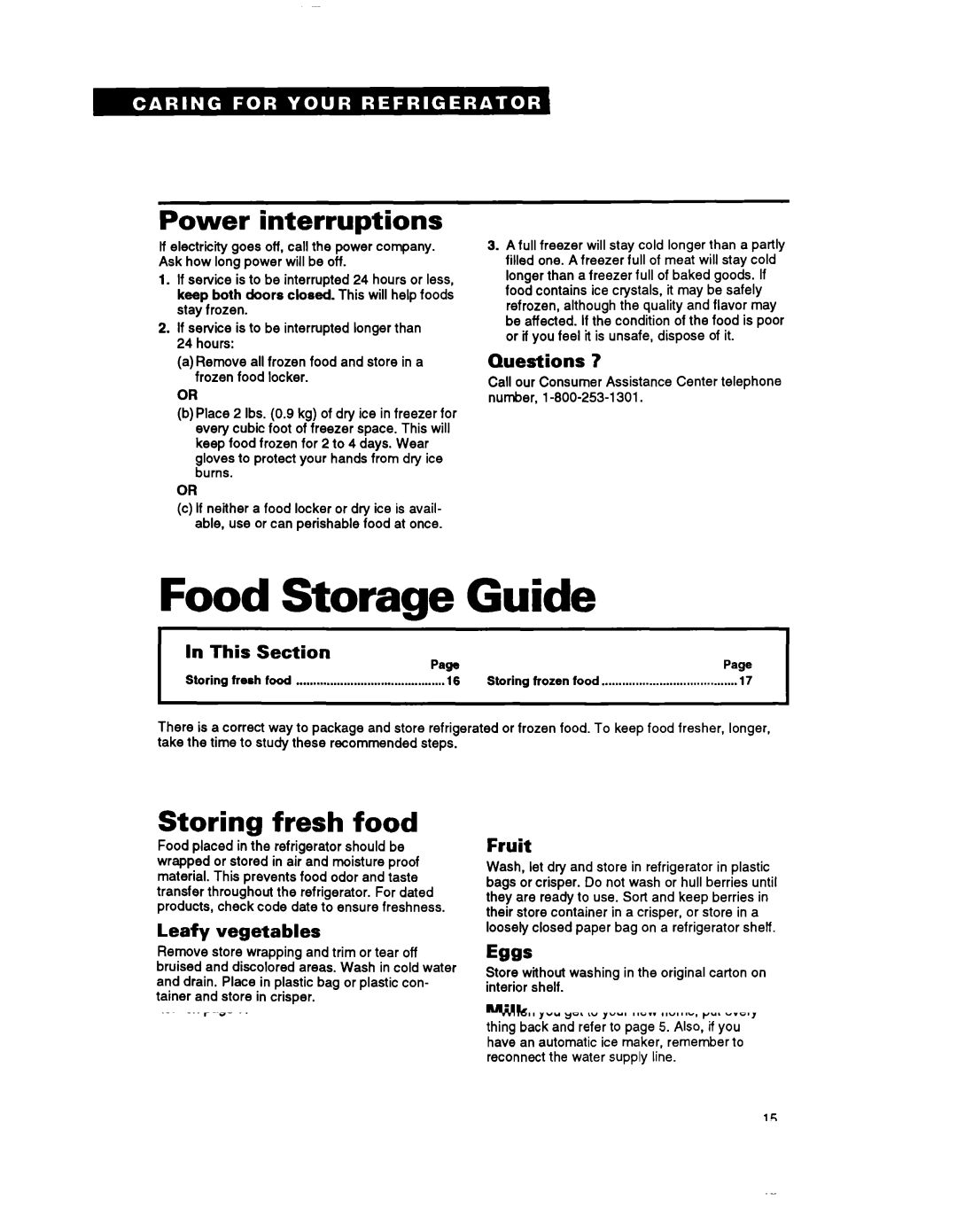 Whirlpool ET20NM, ET18NK, ET18NM, ET20NK Food Storage Guide, Power interruptions, Storing fresh food 