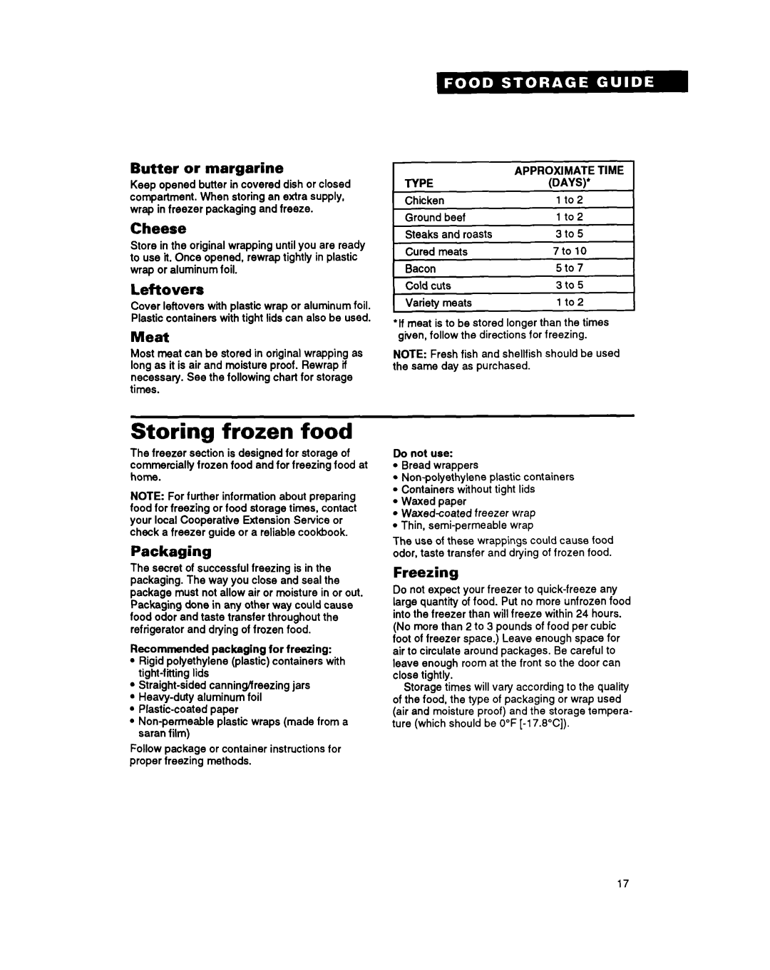 Whirlpool ET18NK, ET20NM, ET18NM, ET20NK important safety instructions Storing frozen food 