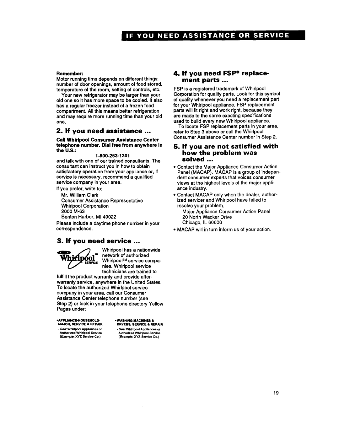 Whirlpool ET20NK, ET20NM, ET18NK, ET18NM If you need assistance, If you need service, If you need FSP@ replace- ment parts 