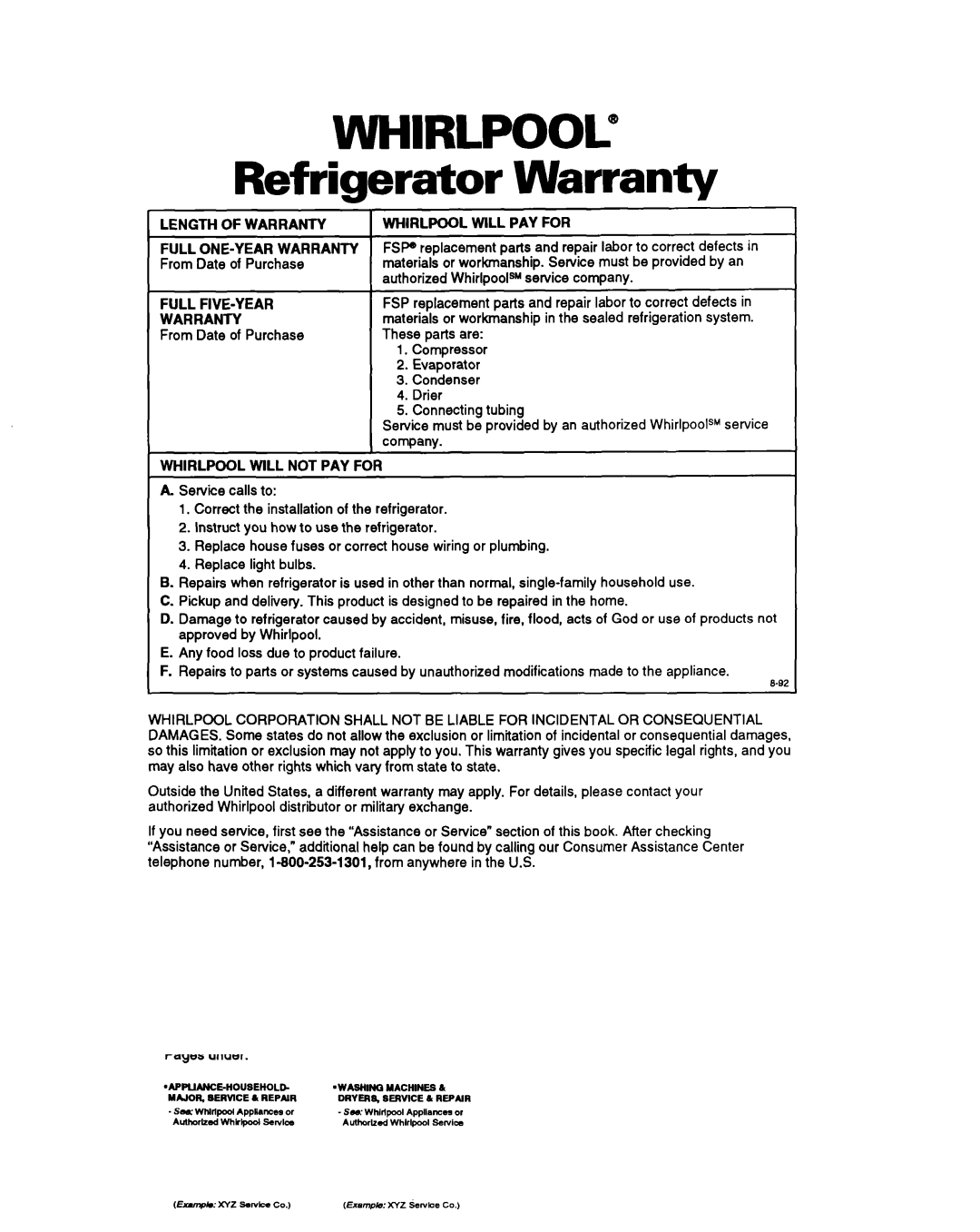 Whirlpool ET20NM, ET18NK, ET18NM, ET20NK Refrigerator Warranty, Length of Warranty, Full FIVE-YEAR Warranty 