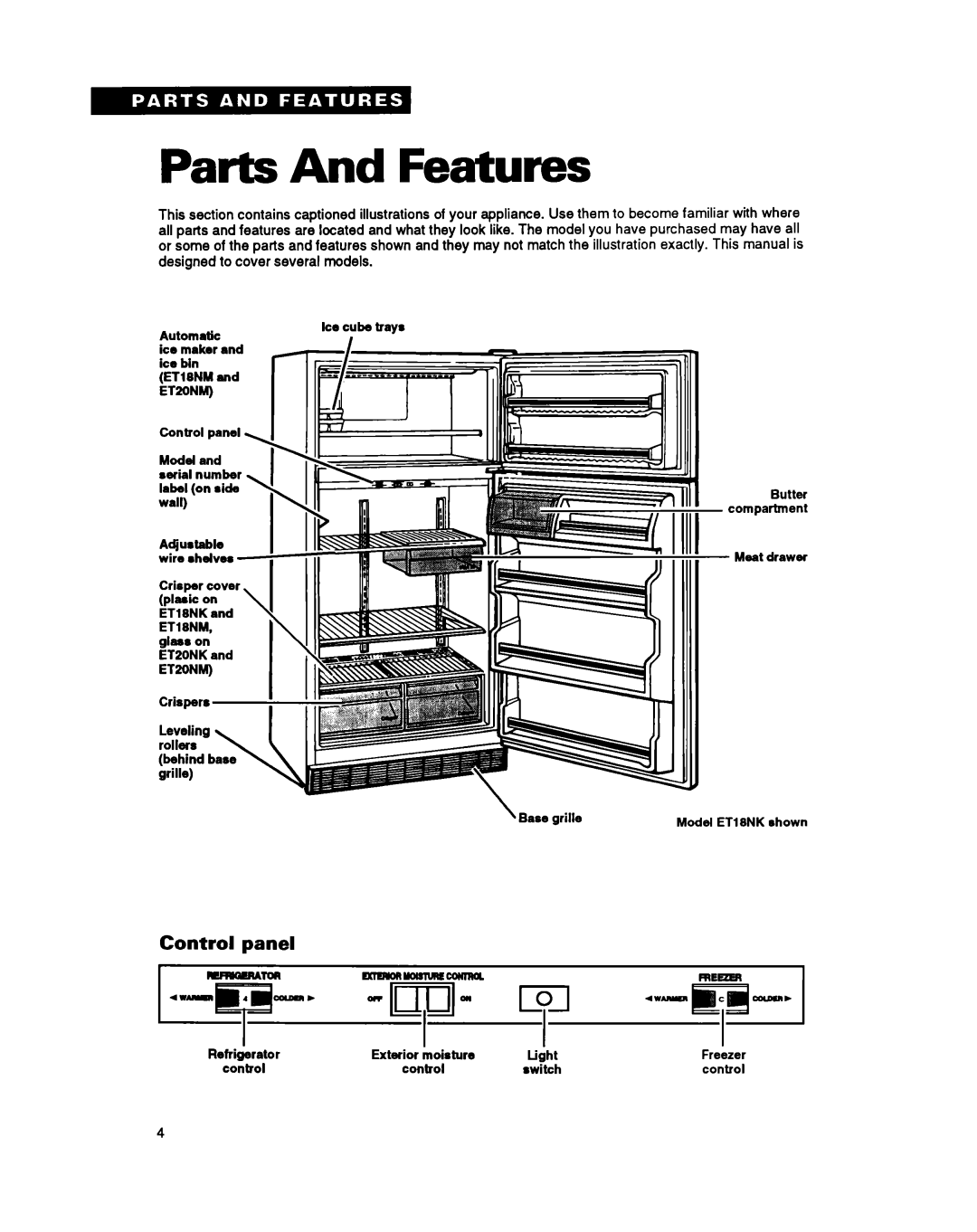 Whirlpool ET20NM, ET18NK, ET18NM, ET20NK important safety instructions Parts And Features, Control panel 