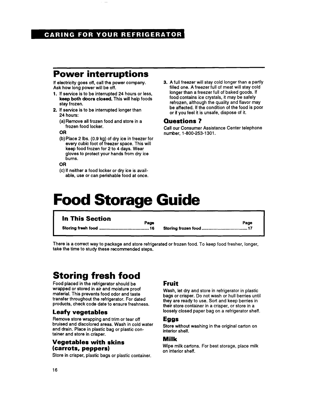 Whirlpool ET20NM Food Storage Guide, Power interruptions, Storing fresh food, Questions ?, In This Section PamPage, Fruit 