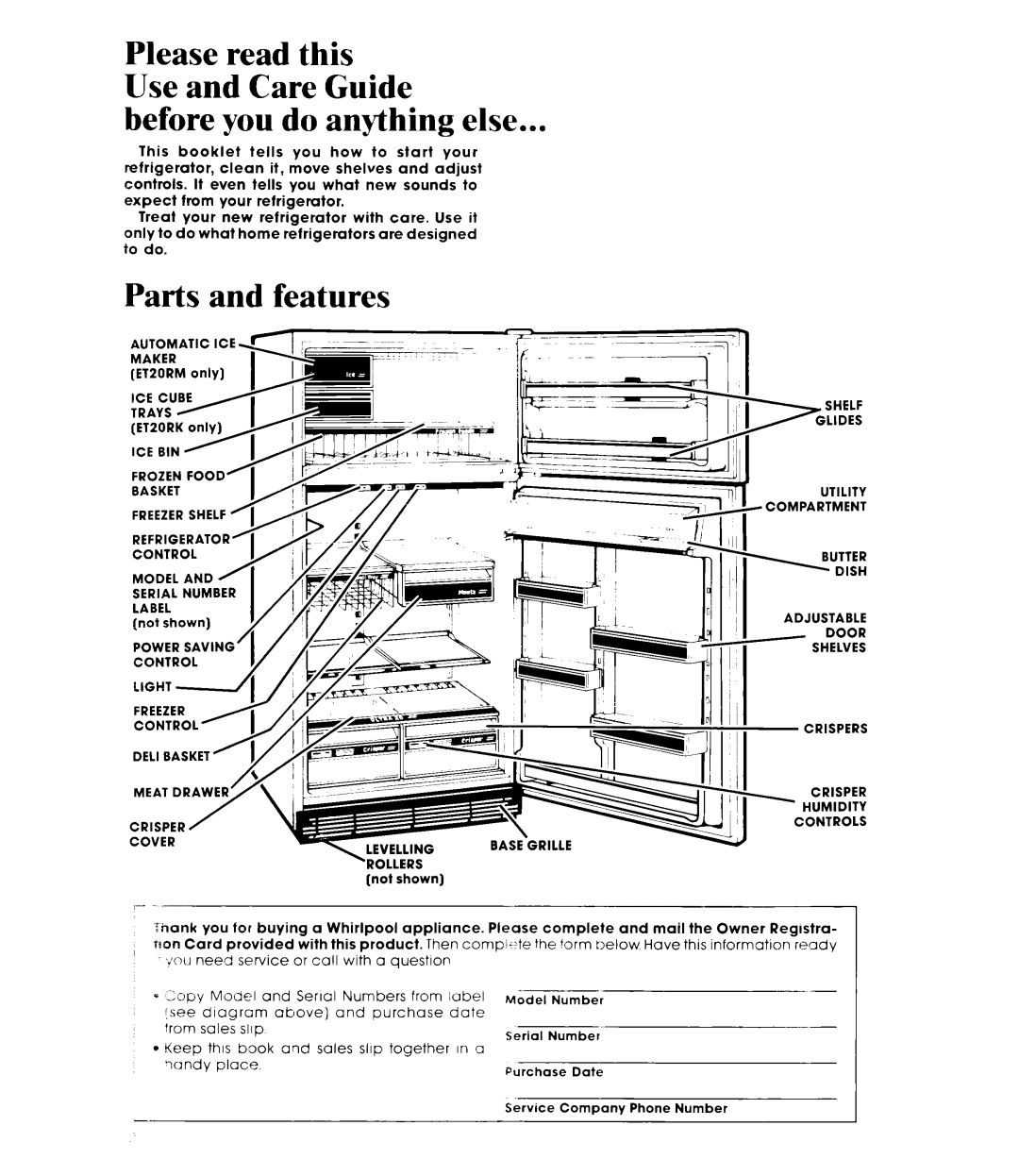 Whirlpool ET20RM manual Before you do anything else, Parts and features, Base Grille 