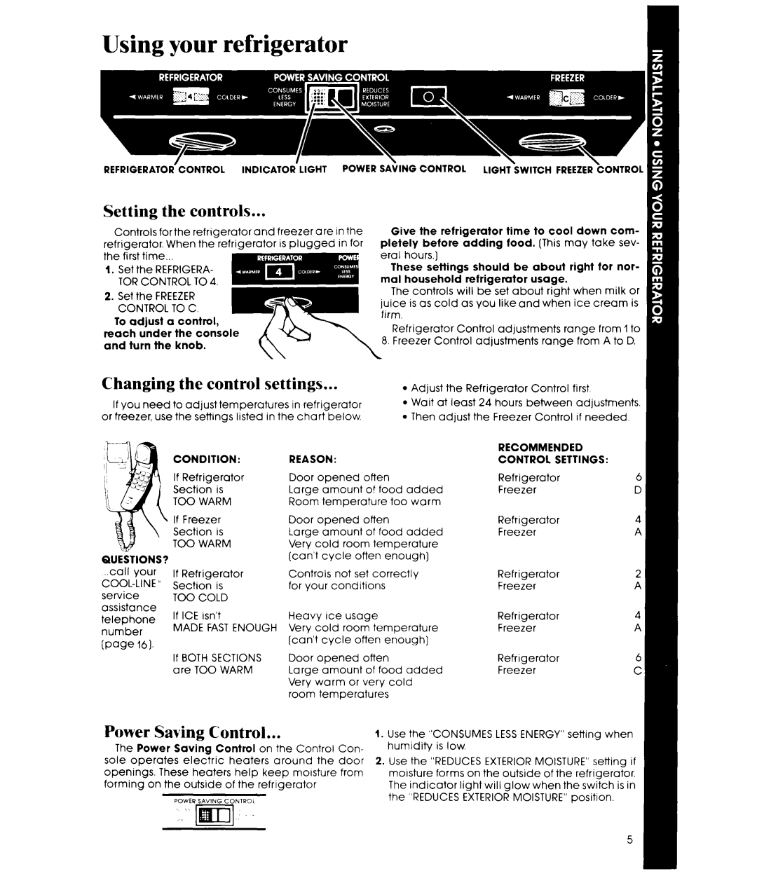 Whirlpool ET20RM manual Setting the controls, Changing the control settings, Power Saving Control 