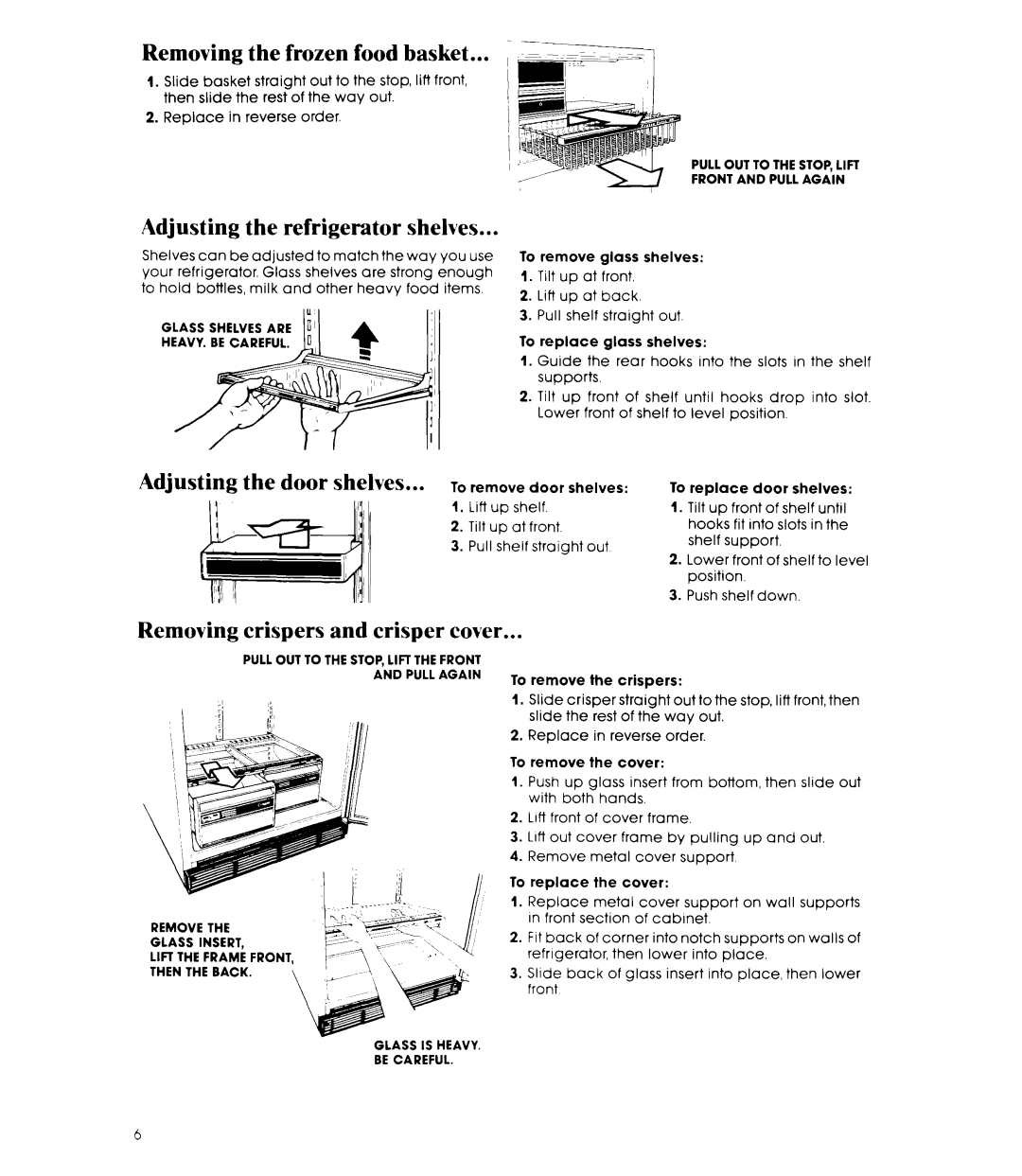 Whirlpool ET20RM manual Removing the frozen food basket, Adjusting the refrigerator shelves, Adjusting the door shelves 