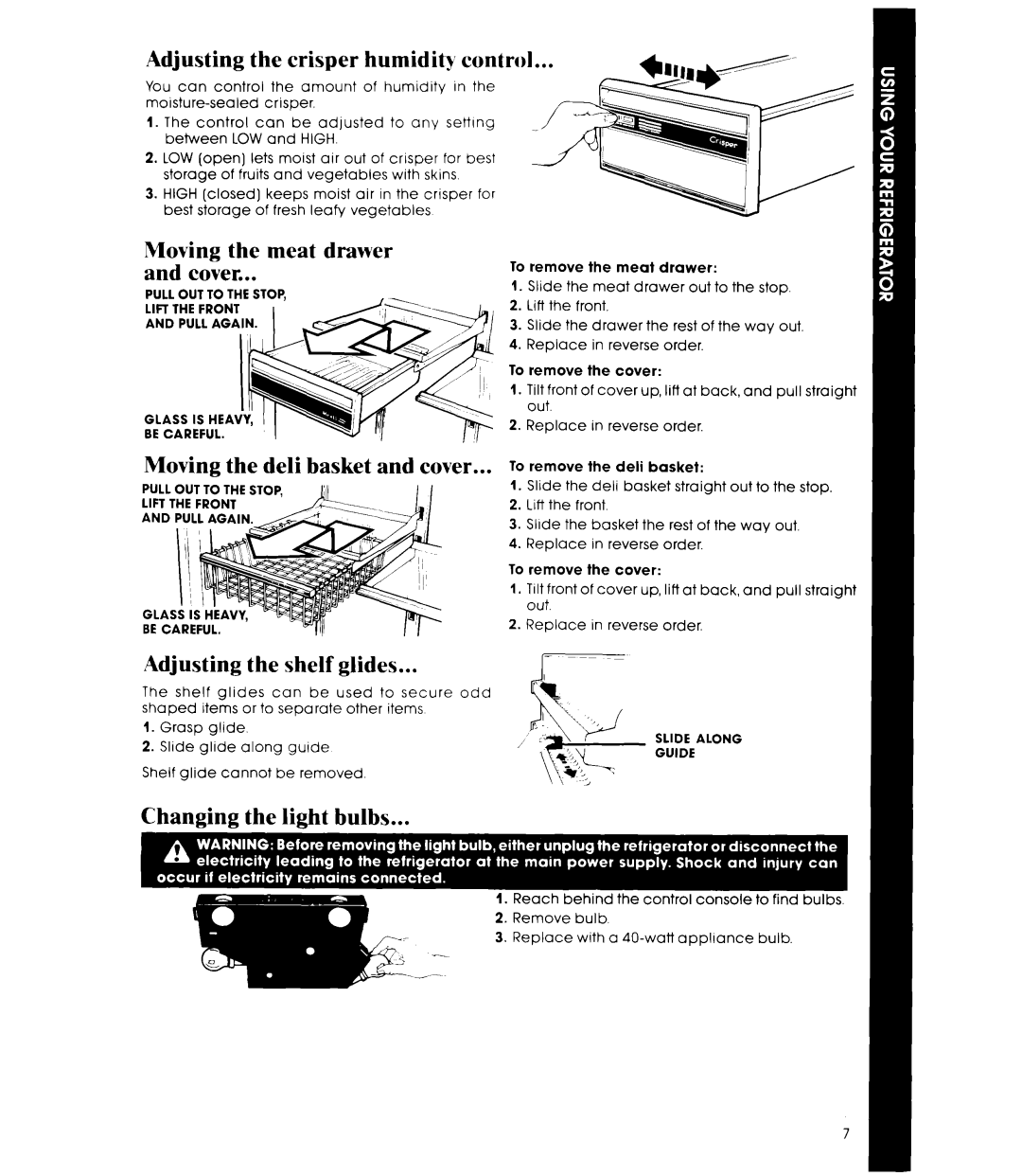 Whirlpool ET20RM Adjusting the crisper humidity control, Moving the meat drawer and cover, Adjusting the shelf glides 