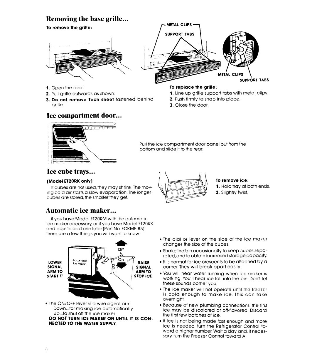 Whirlpool ET20RM manual Removing the base grille, Ice compartment door, Ice cube trays, Automatic ice maker 