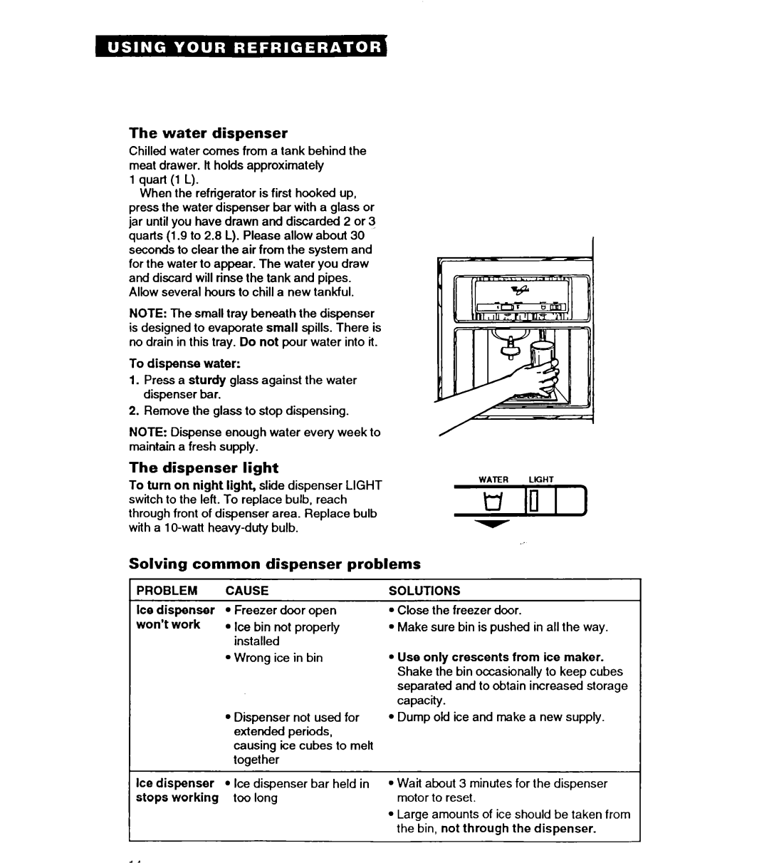 Whirlpool ET22DQ warranty Water dispenser, Dispenser light, Solving common dispenser problems 