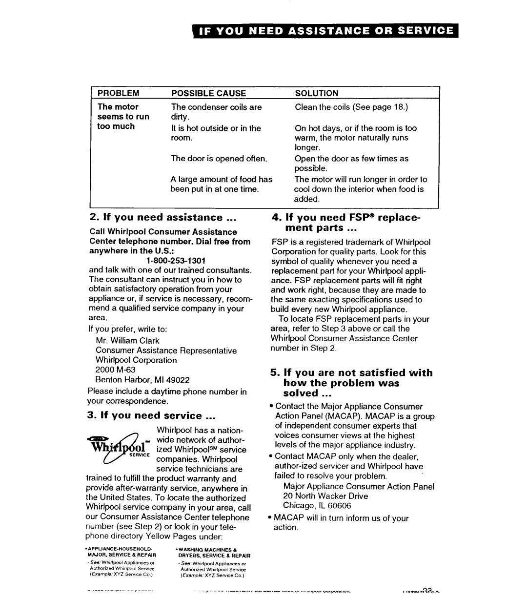 Whirlpool ET22DQ warranty If you need assistance, If you need service, If you need FSP replace- ment parts 