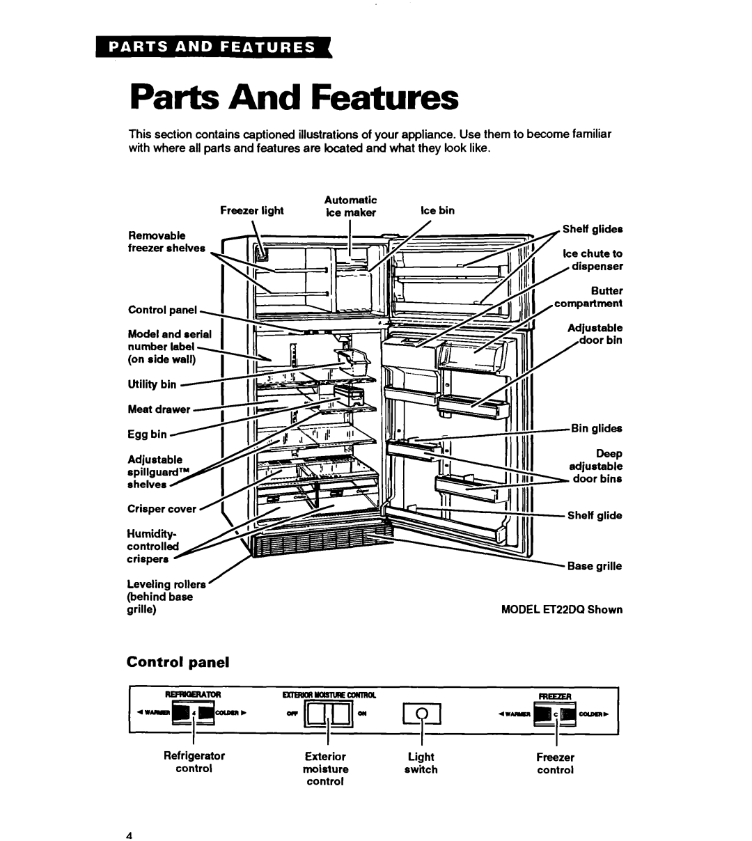 Whirlpool ET22DQ warranty Parts And Features, Control panel 