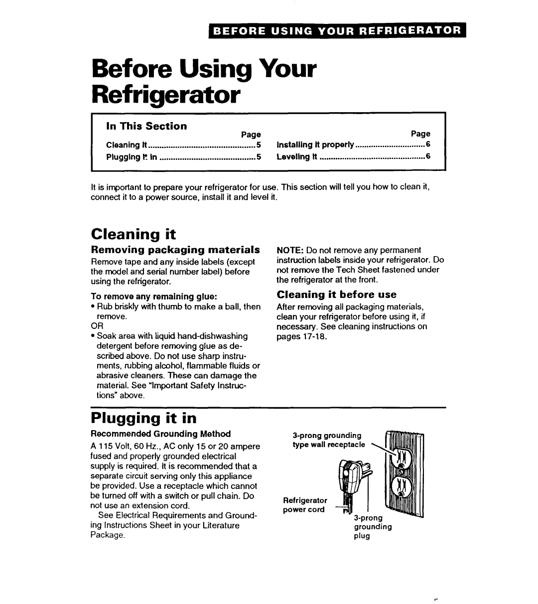 Whirlpool ET22DQ warranty Before Using Your Refrigerator, Cleaning it, Plugging it 