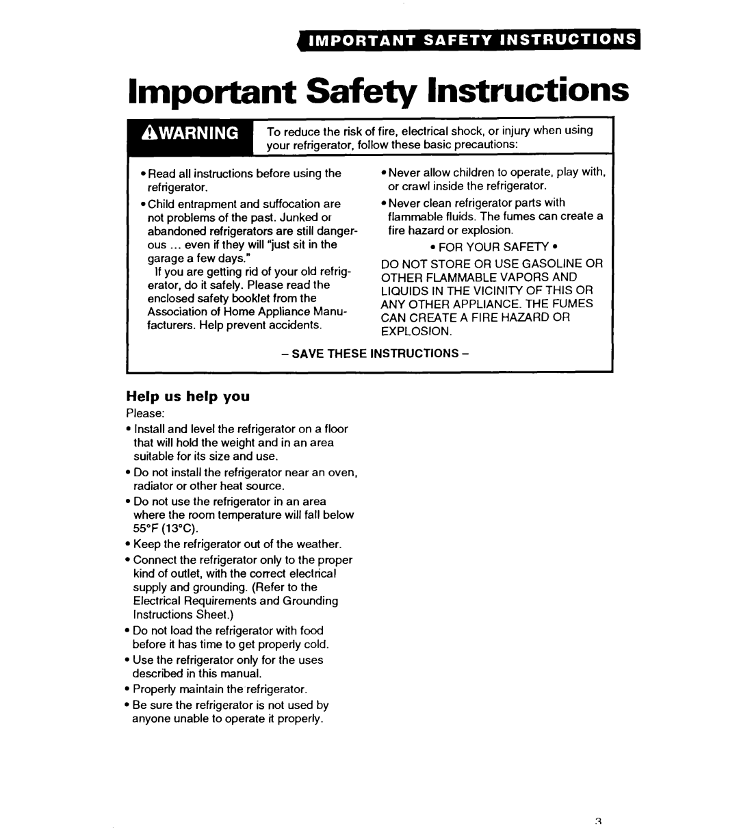 Whirlpool ET22DQ warranty Important Safety Instructions, Help us help you 