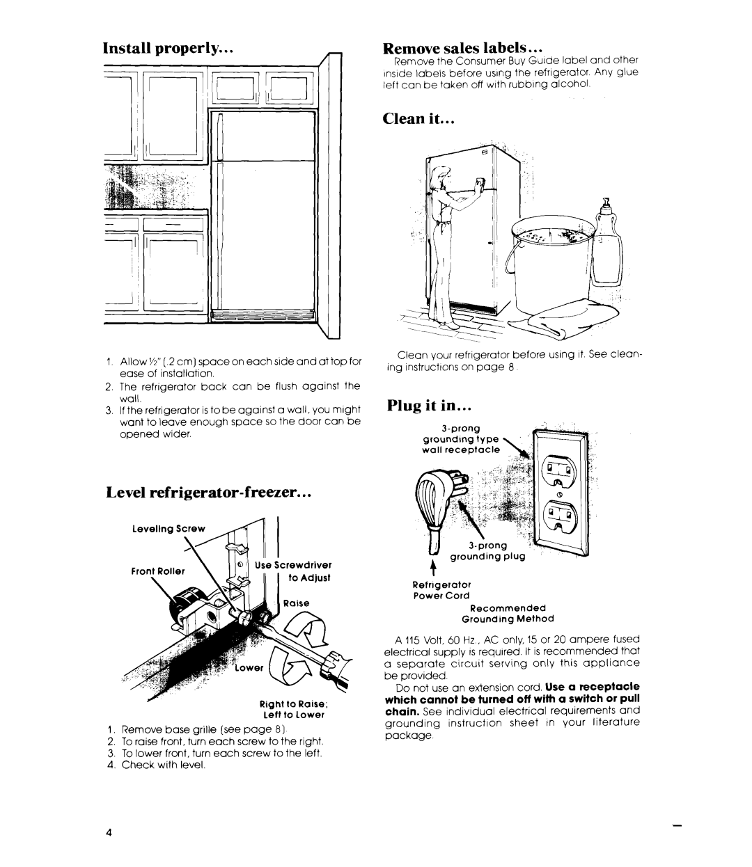 Whirlpool ET22MK manual Install, Level refrigerator-freezer, Remove sales labels, Clean it, Plug it 