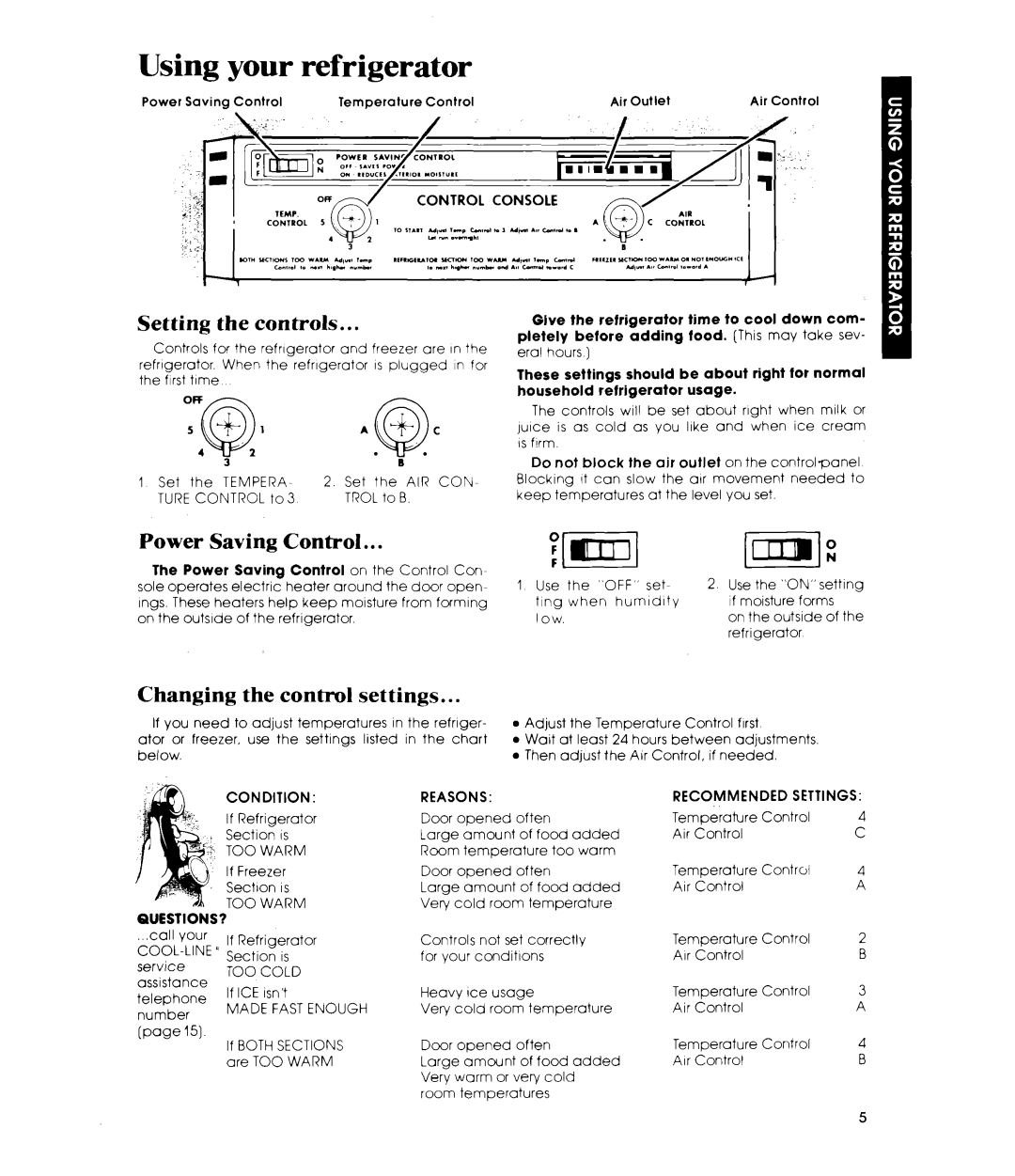 Whirlpool ET22MK manual Using your refrigerator, Setting the controls, Power Saving Control, Changing the control settings 