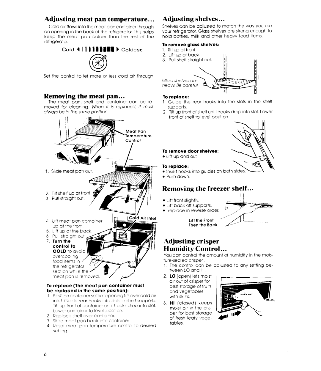 Whirlpool ET22MK Adjusting meat pan temperature, Removing the meat pan, Adjusting shelves, Removing the freezer shelf 