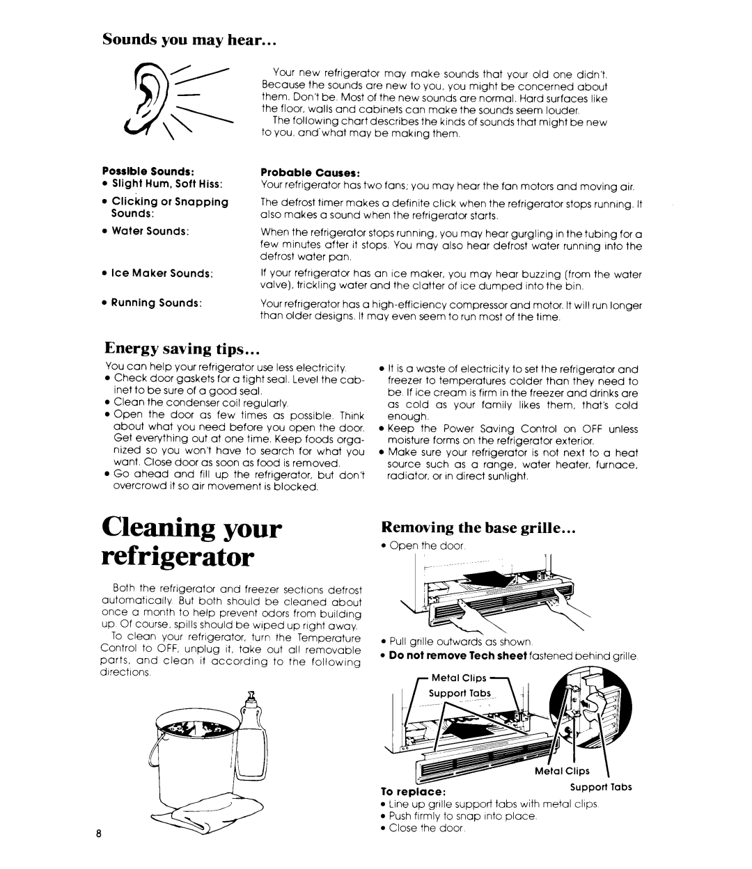 Whirlpool ET22MK manual Sounds you may hear, Energy saving tips, Removing the base grille 